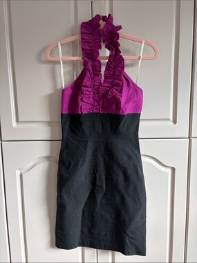 Limité Black and Purple Haulter Mini Dress with Neck Ruffles S